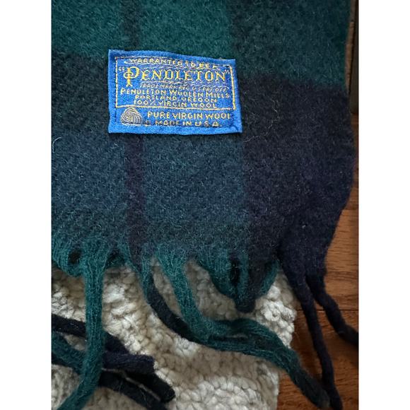 Vintage Pendleton Wool Throw Blanket Plaid 52x72” fringed dark blue green - Picture 5 of 12